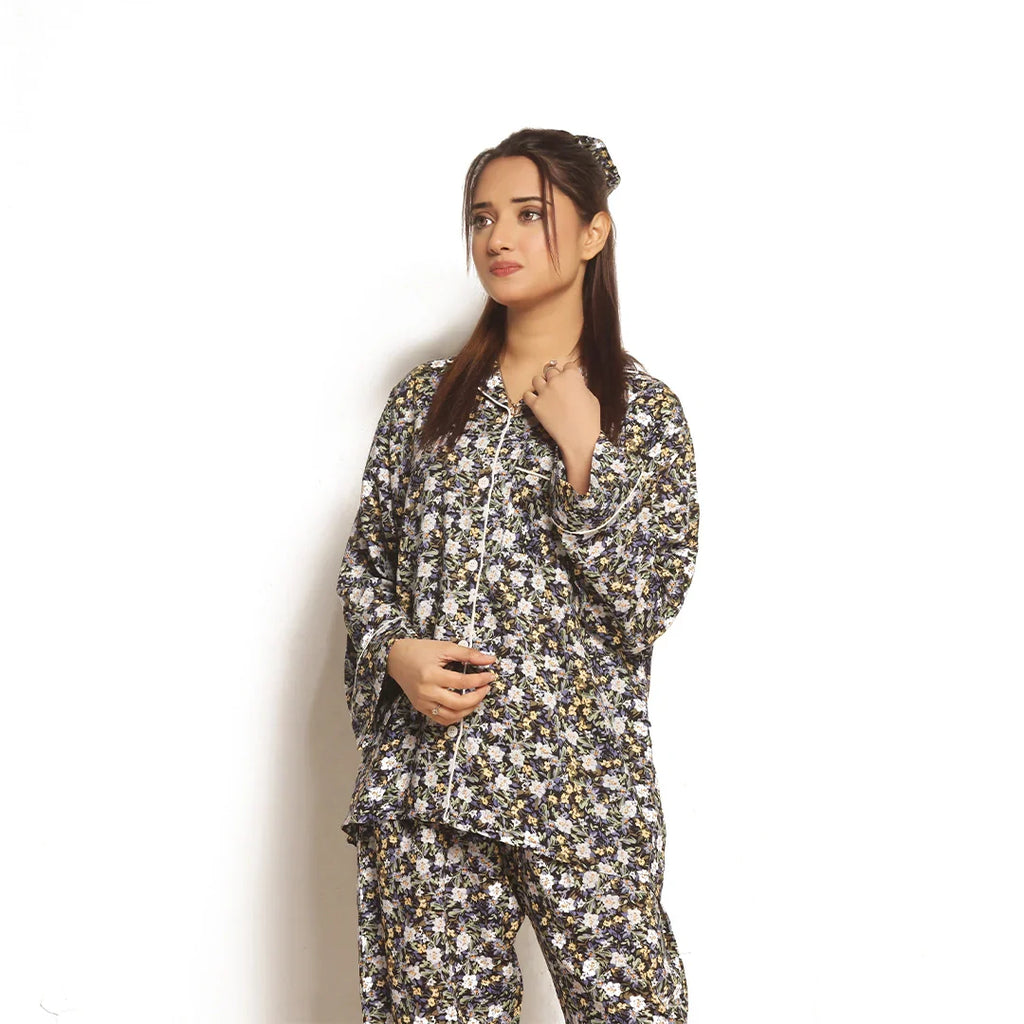 Full Bloom Linen Pajama Suit with Scrunchie