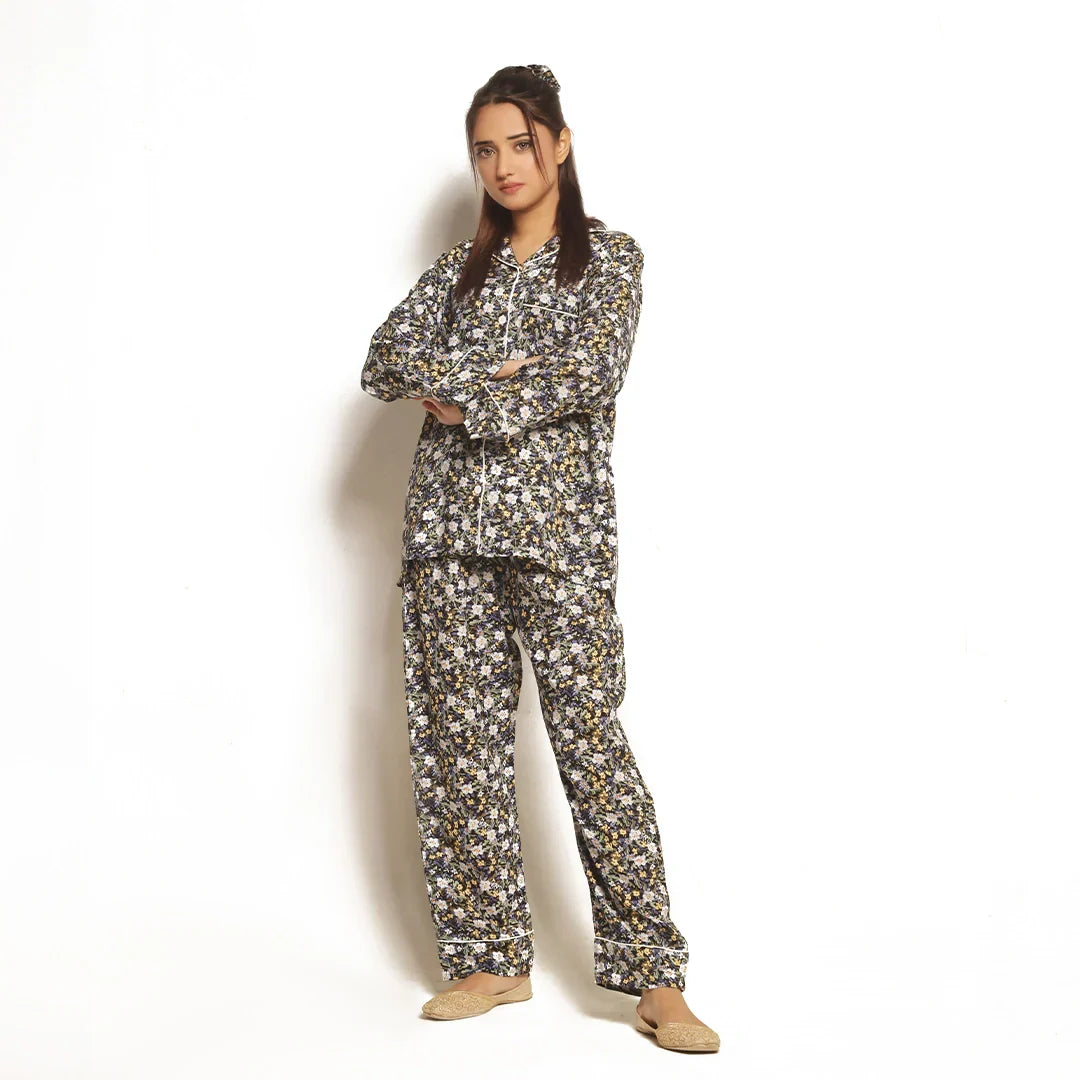 Full Bloom Linen Pajama Suit with Scrunchie