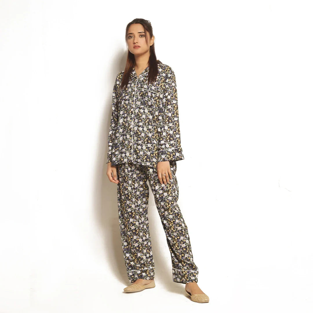 Full Bloom Linen Pajama Suit with Scrunchie