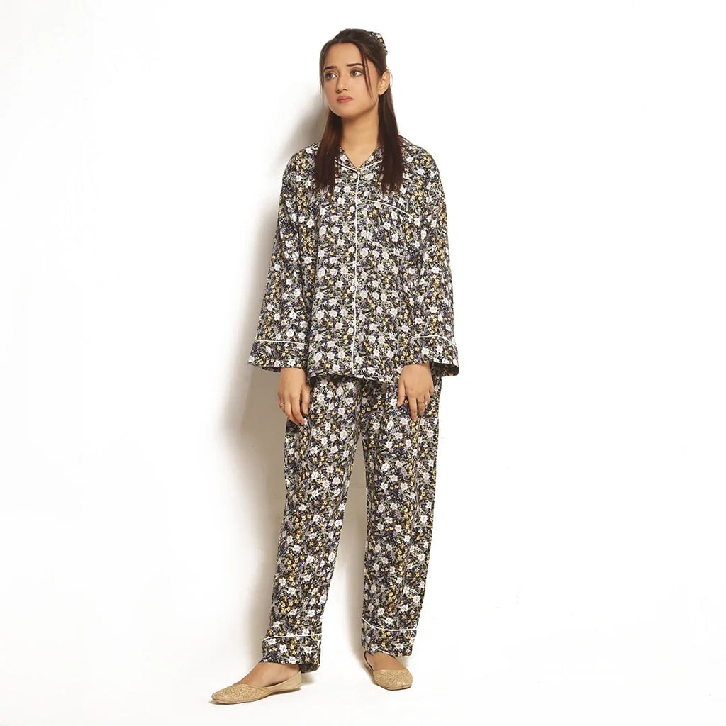 Full Bloom Linen Pajama Suit with Scrunchie
