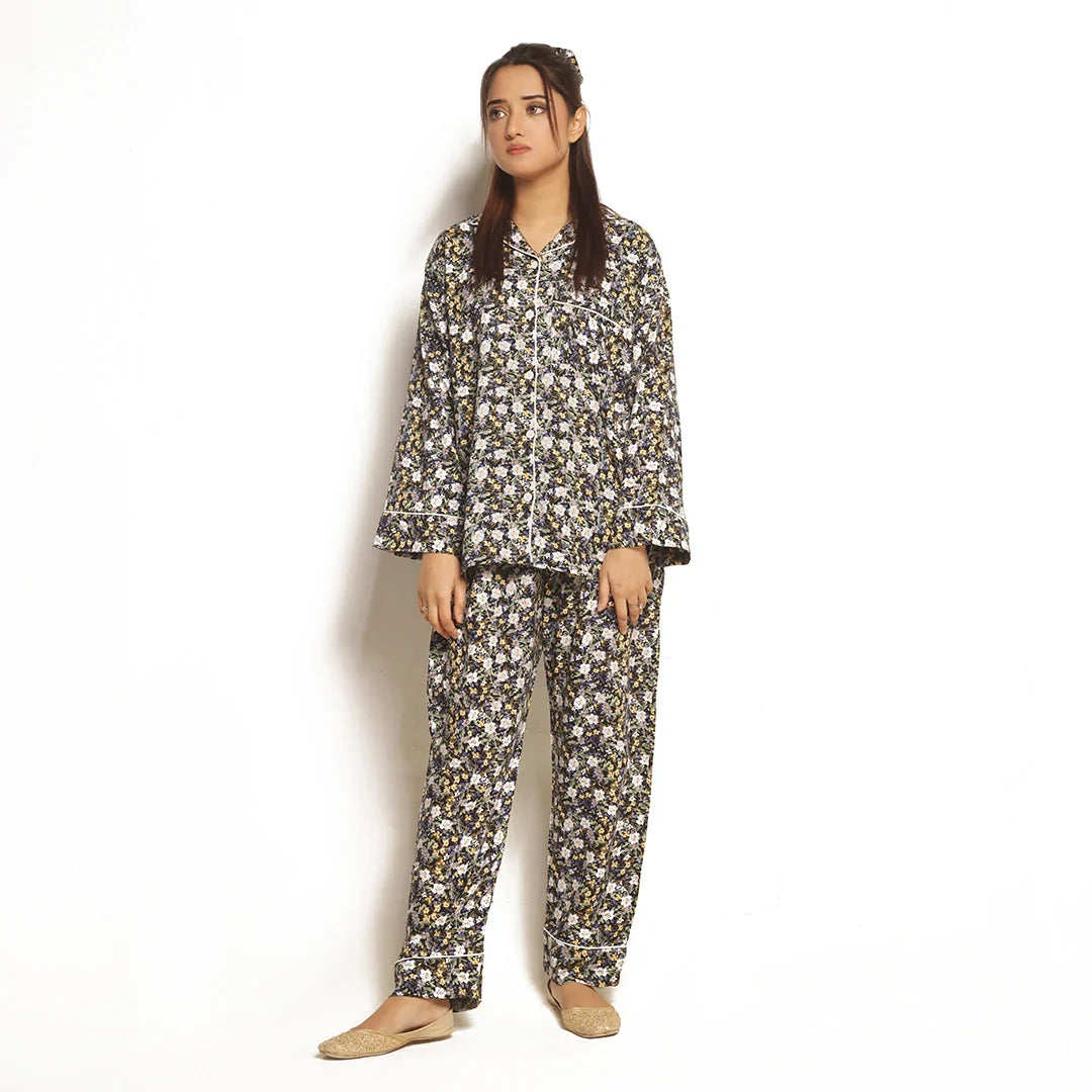 Full Bloom Linen Pajama Suit with Scrunchie