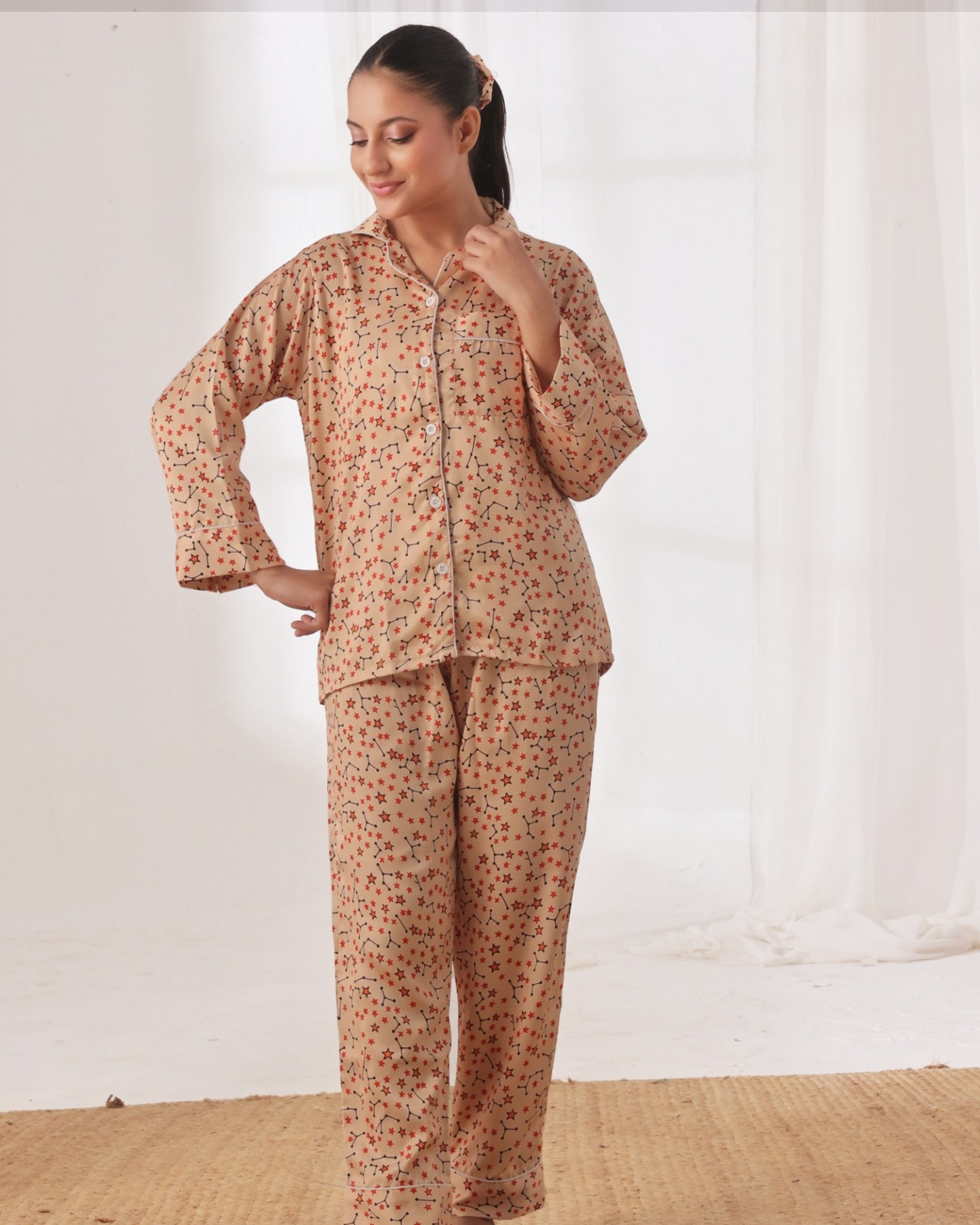 Silk Pajama Suit with Scrunchie - Cosmic Calm