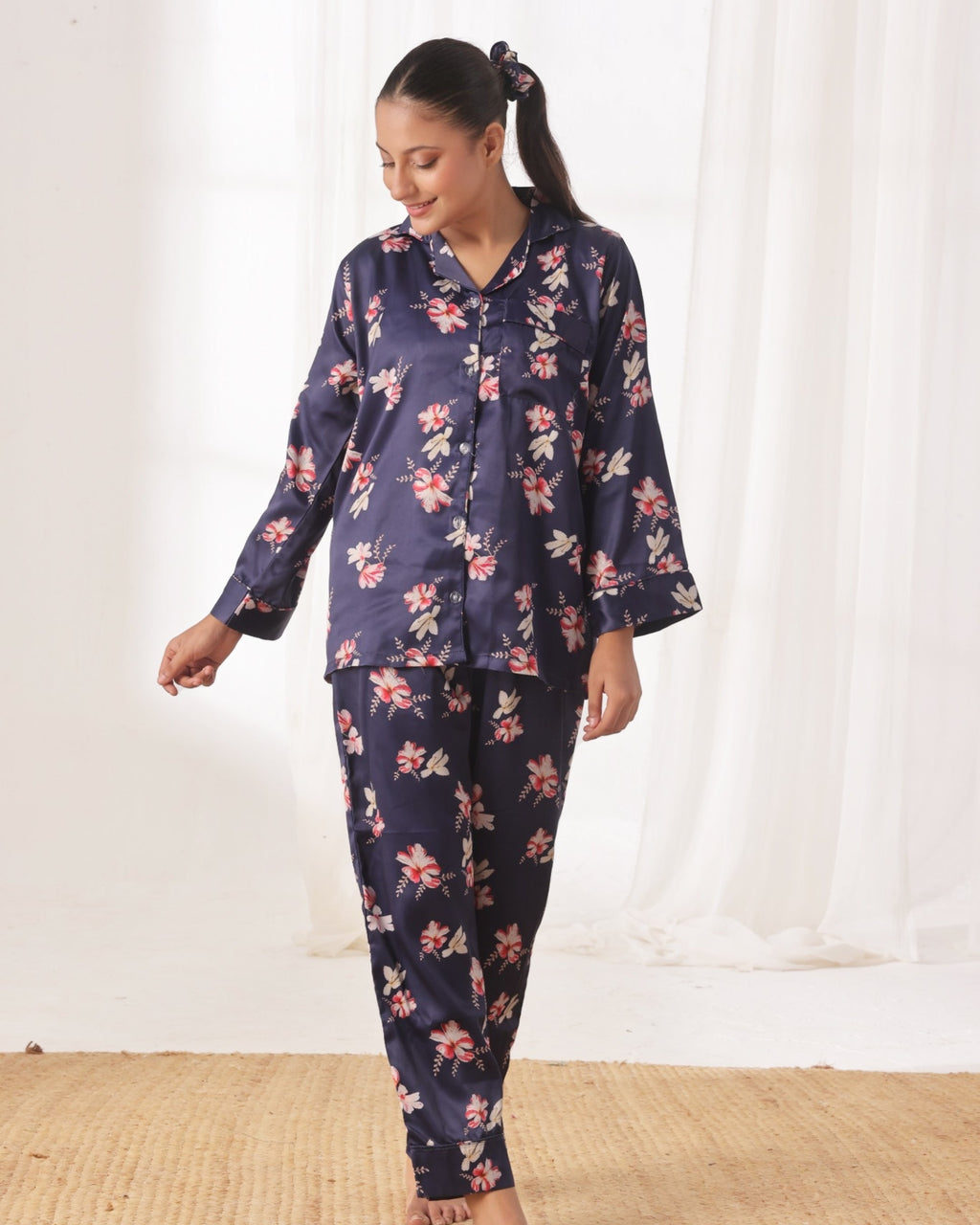 Silk Pajama Suit with Scrunchie - Blue Blush