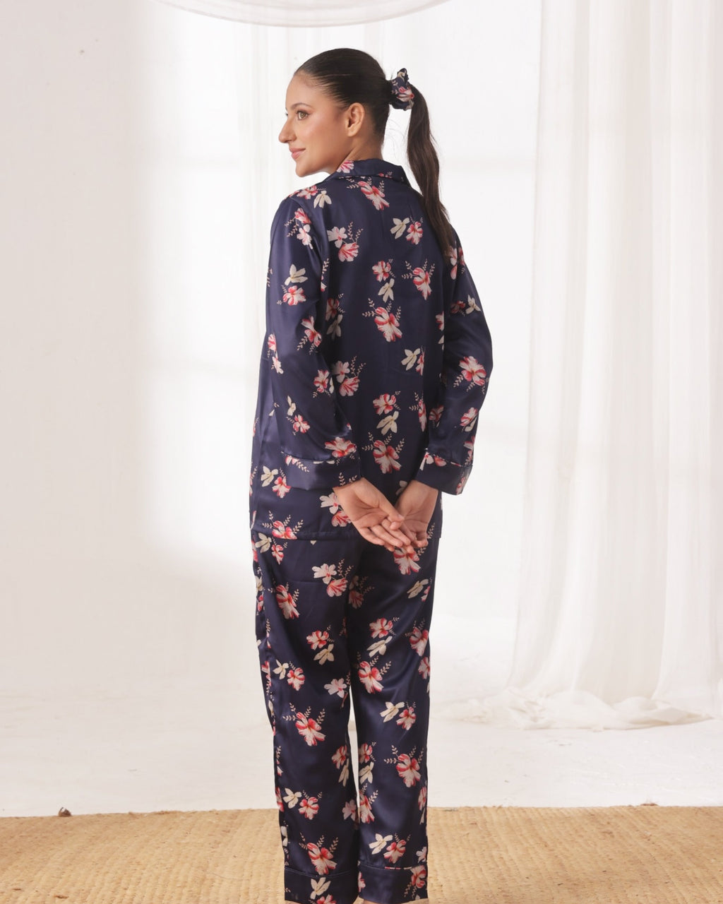 Silk Pajama Suit with Scrunchie - Blue Blush