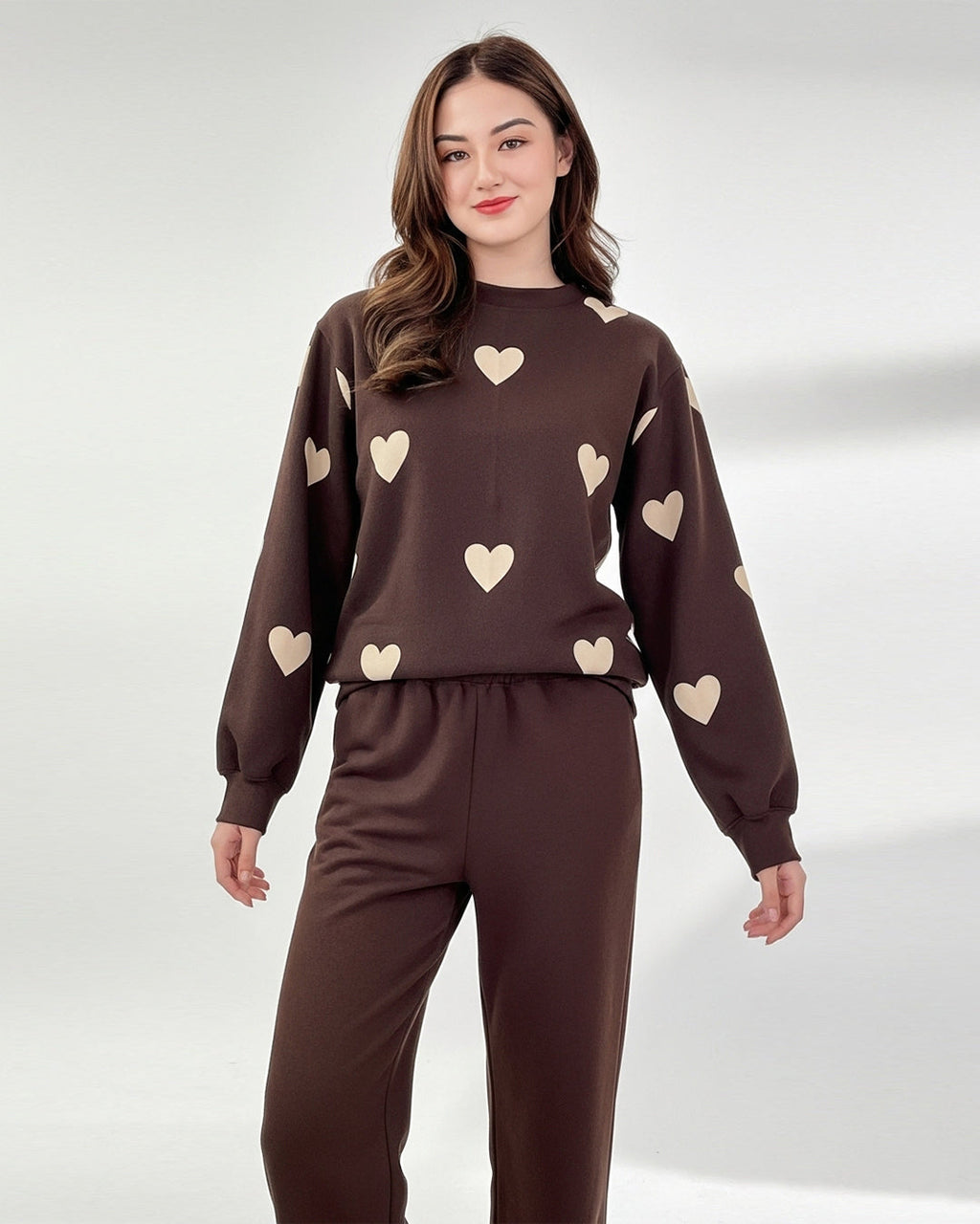 Fleece Pajama Set – Heart Cozy - Brown