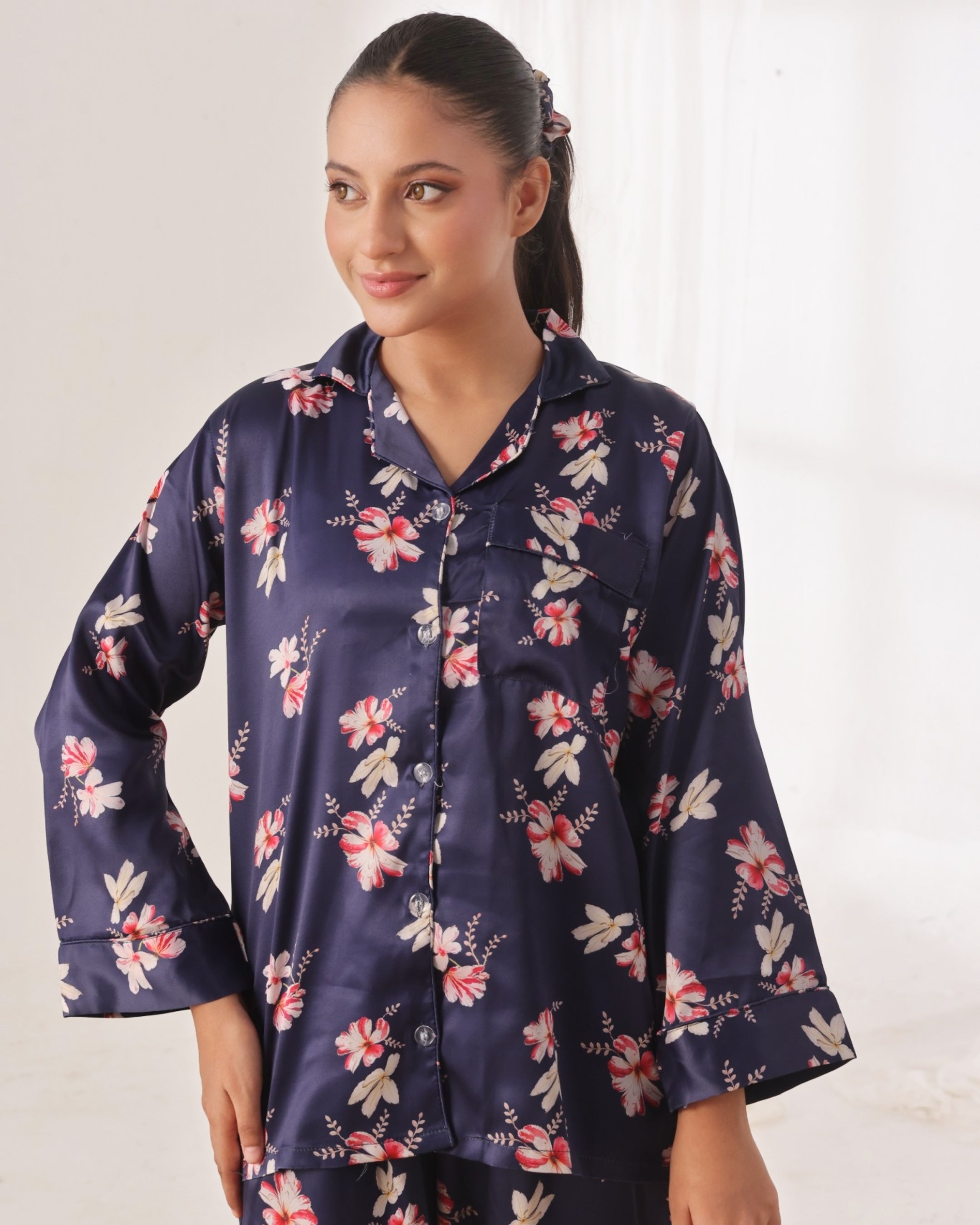 Silk Pajama Suit with Scrunchie - Blue Blush
