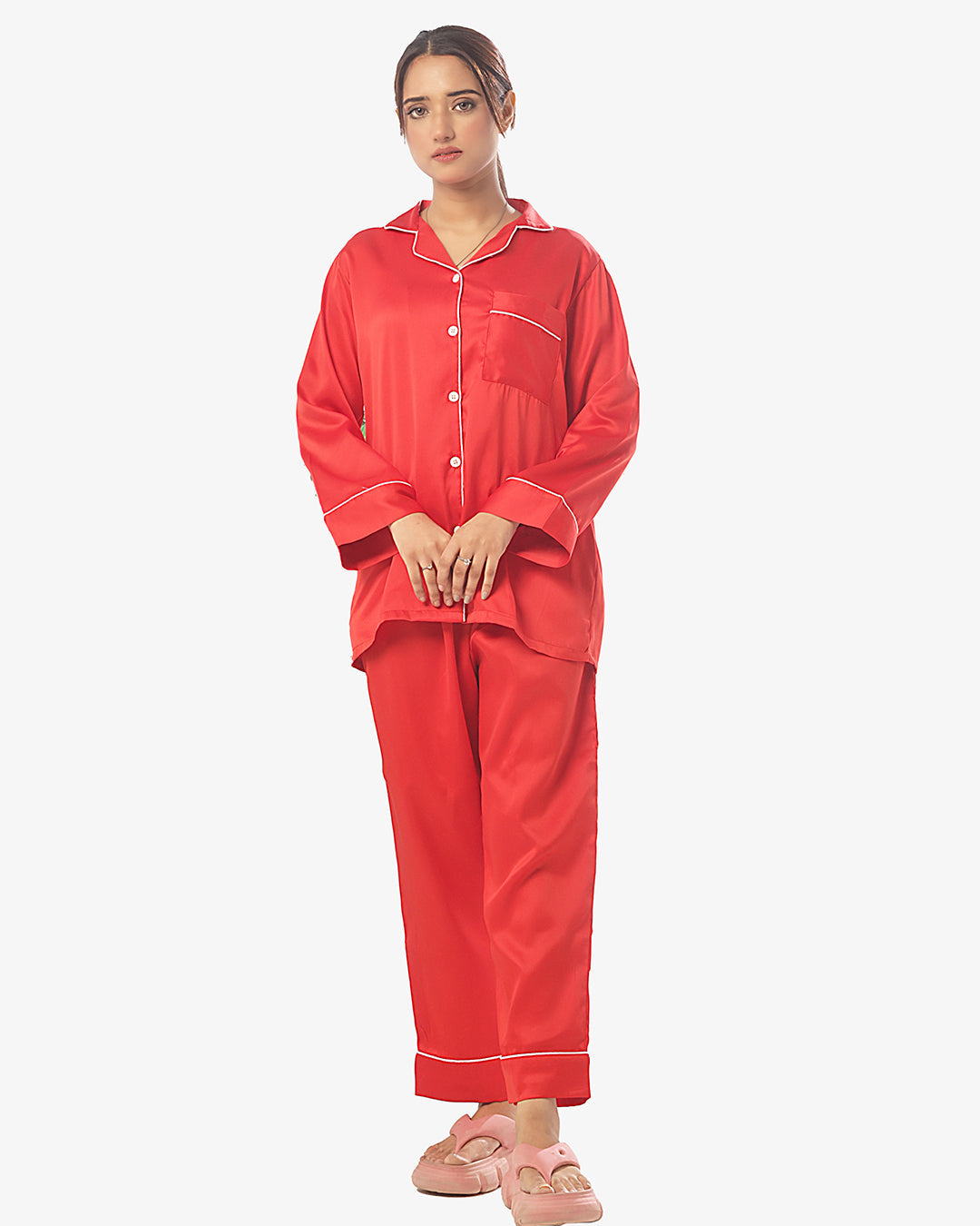 Silk Pajama Suit with Scrunchie - Pearl