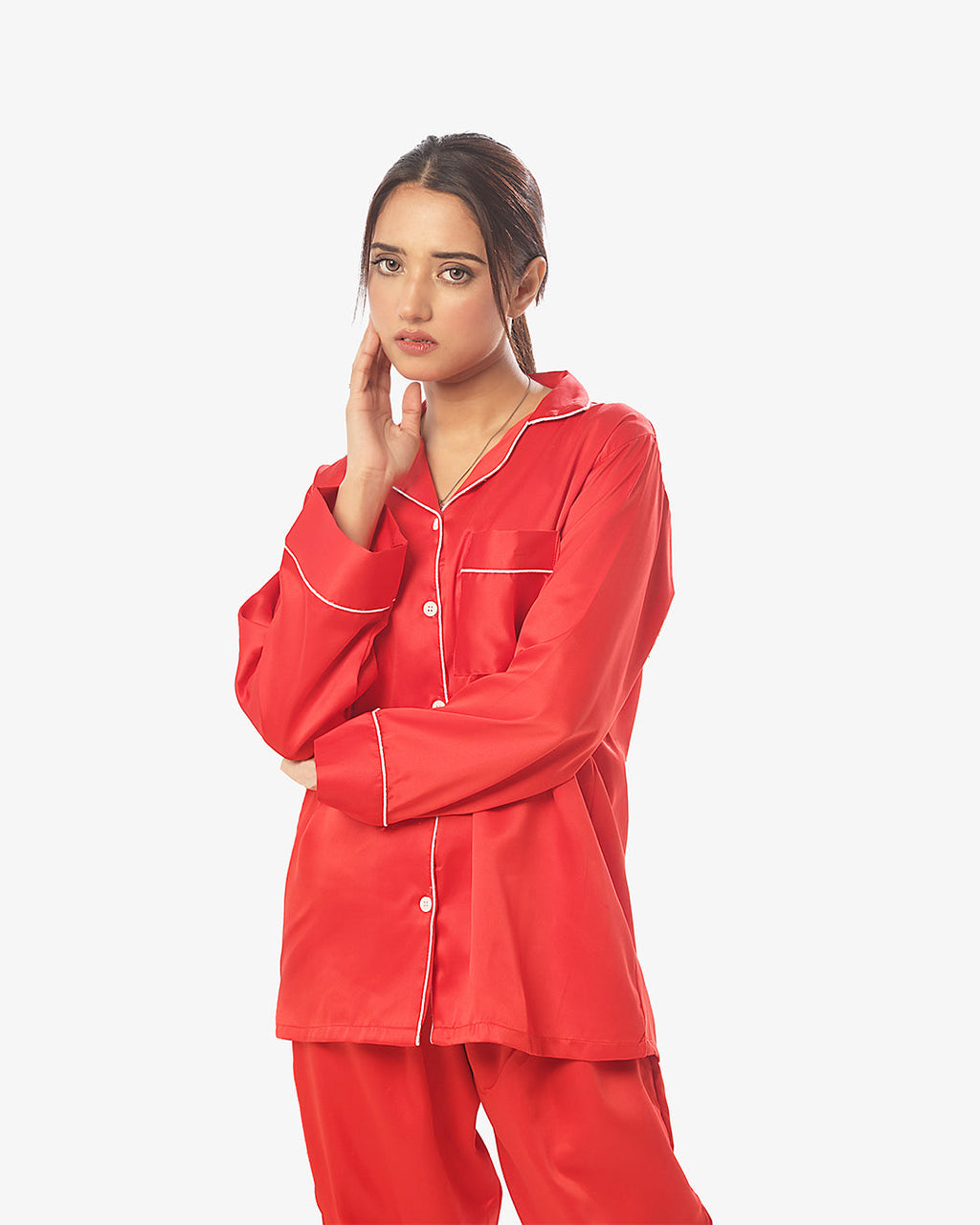 Silk Pajama Suit with Scrunchie - Pearl