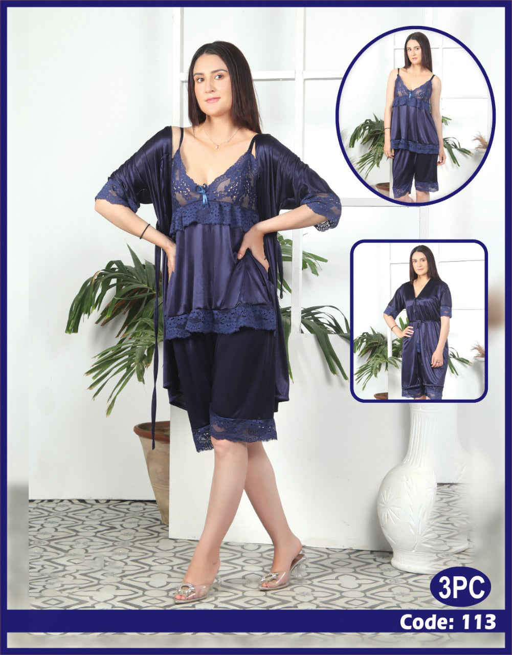 Femmeease - 3 Pcs Silk Nighty Set With Gown - 113