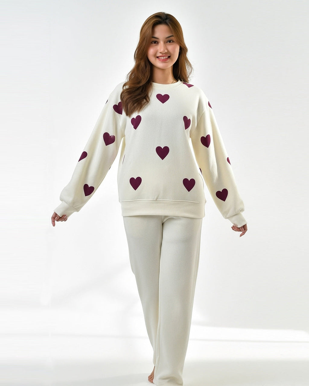 Fleece Pajama Set – Heart Cozy - Off White