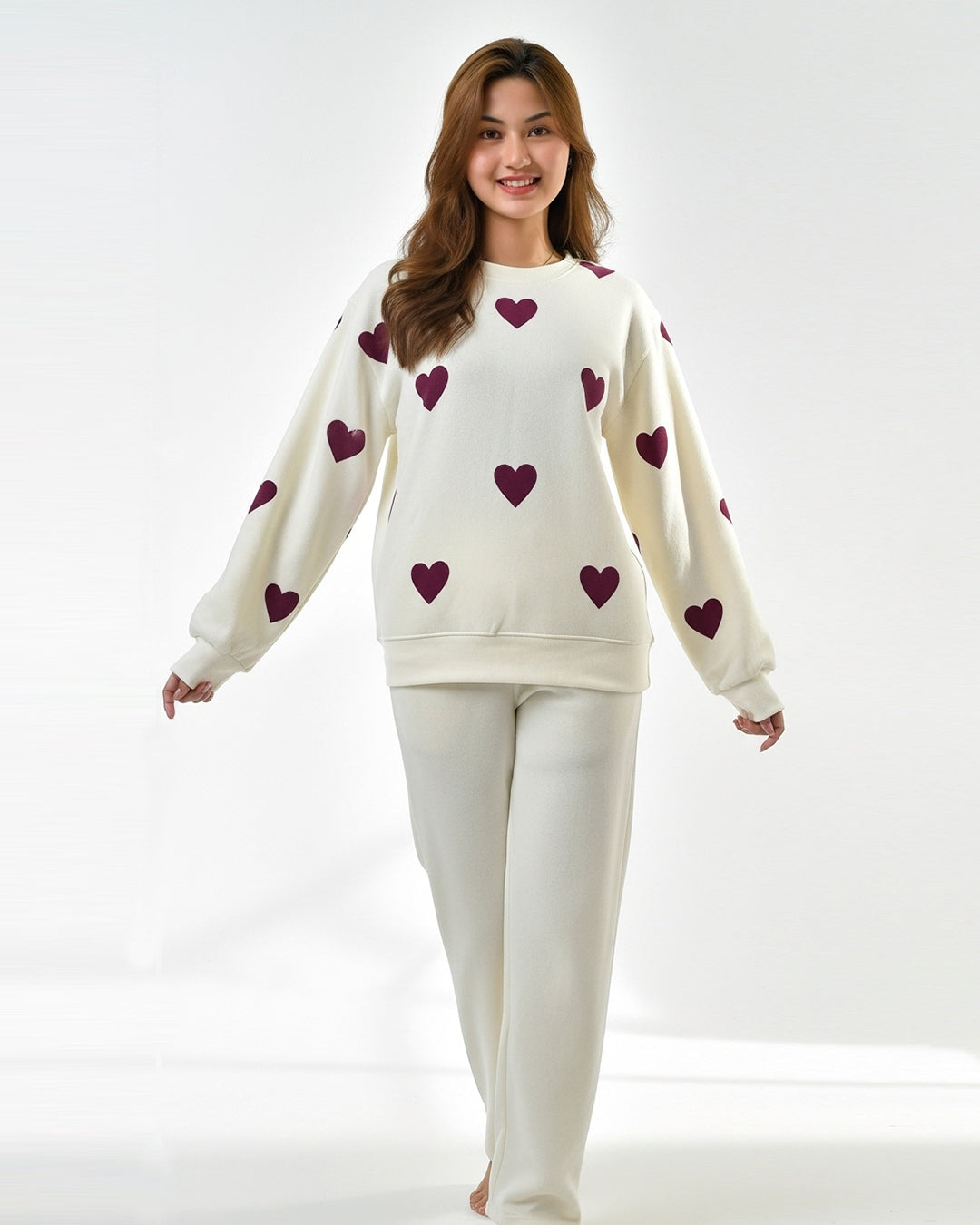 Fleece Pajama Set – Heart Cozy - Off White