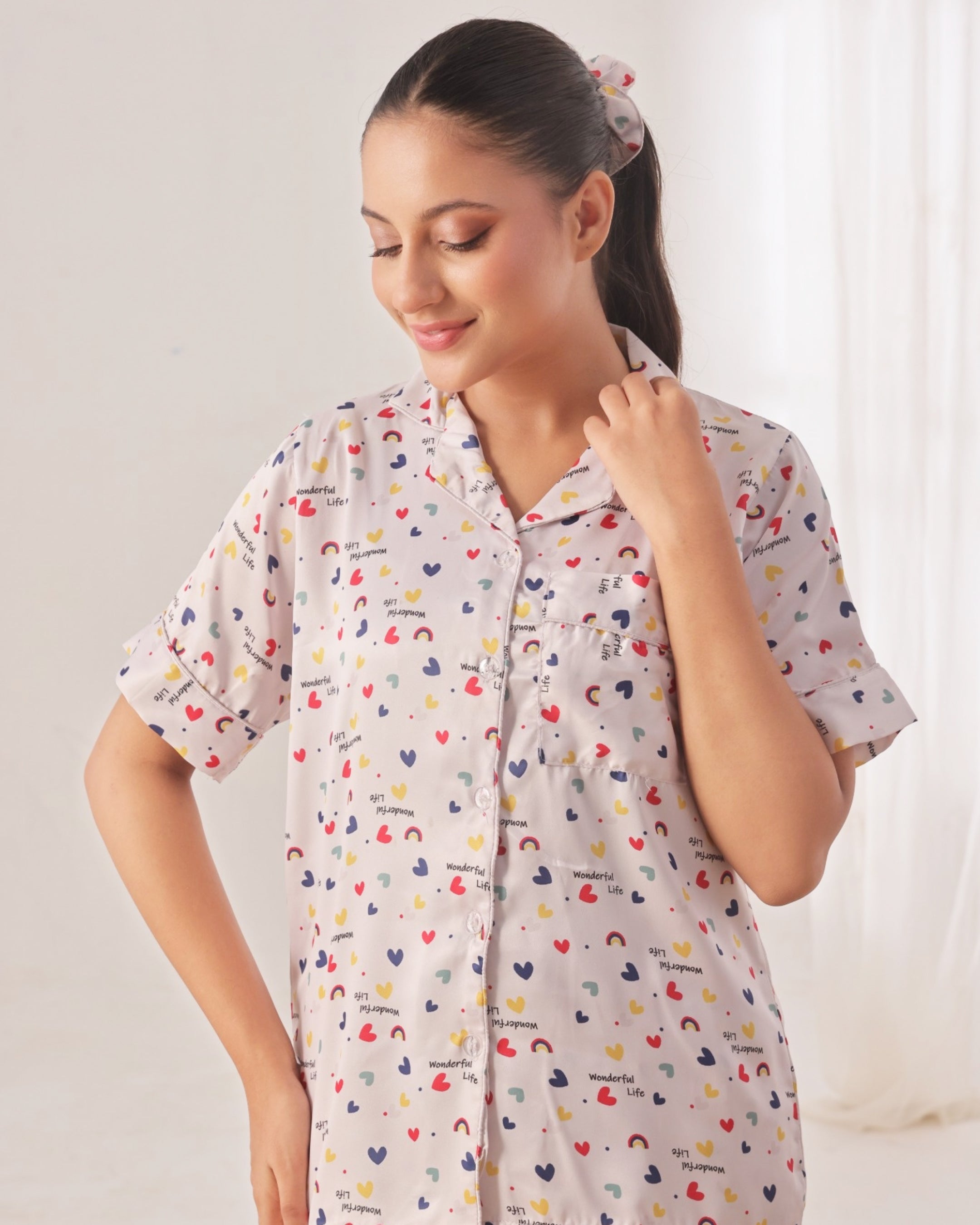 Silk Pajama Suit with Scrunchie - Rainbow Bliss