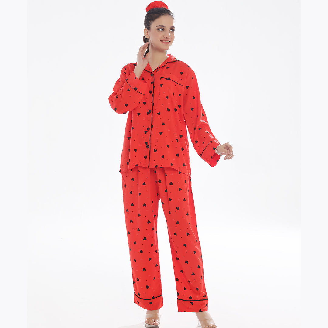 Black Hearts Linen Pajama Suit with Scrunchie