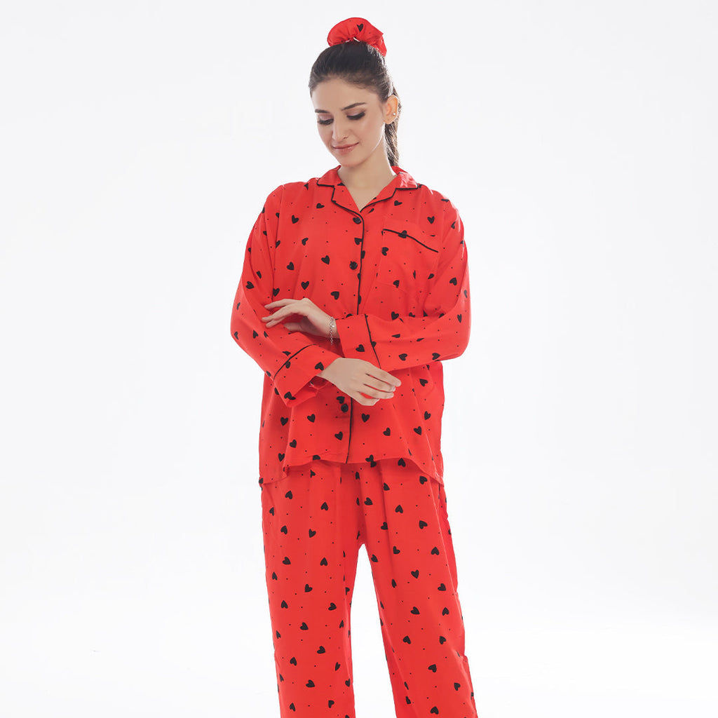 Black Hearts Linen Pajama Suit with Scrunchie