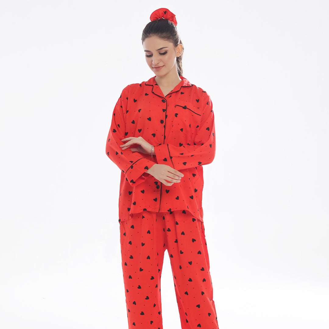 Black Hearts Linen Pajama Suit with Scrunchie