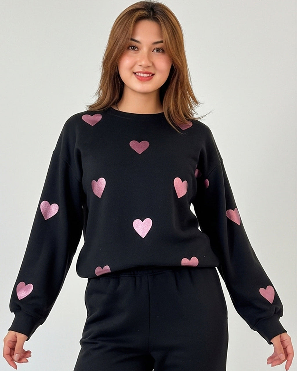 Fleece Pajama Set – Heart Cozy - Black
