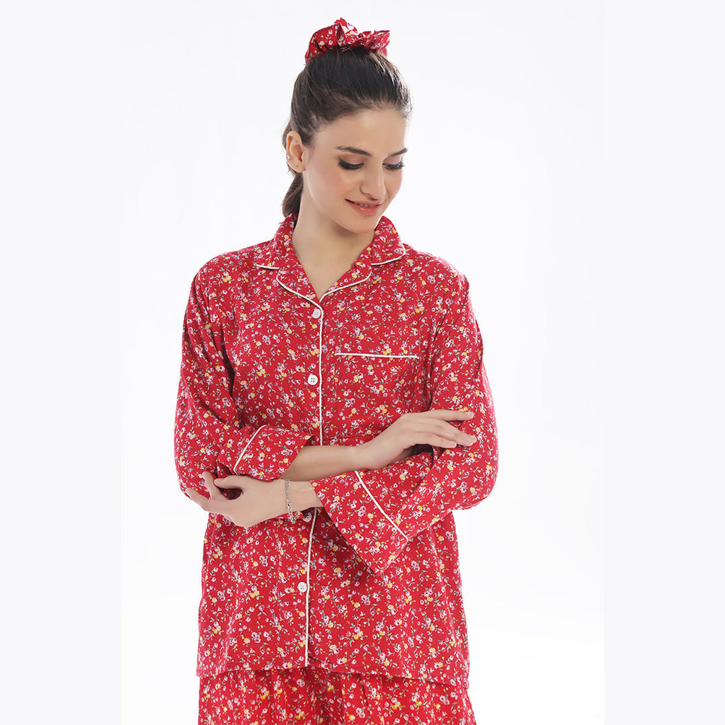 French Red Flowers Linen Pajama Suit with Scrunchie