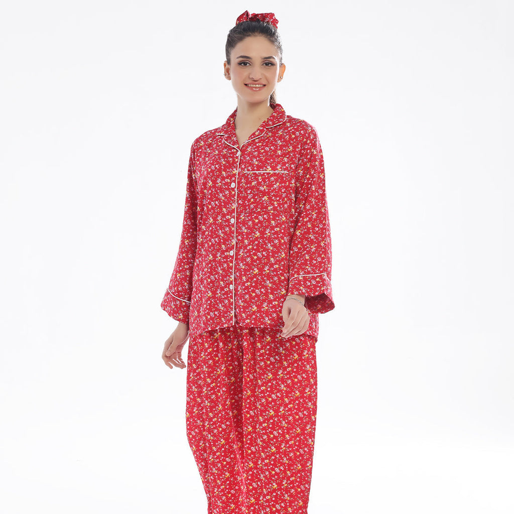 French Red Flowers Linen Pajama Suit with Scrunchie