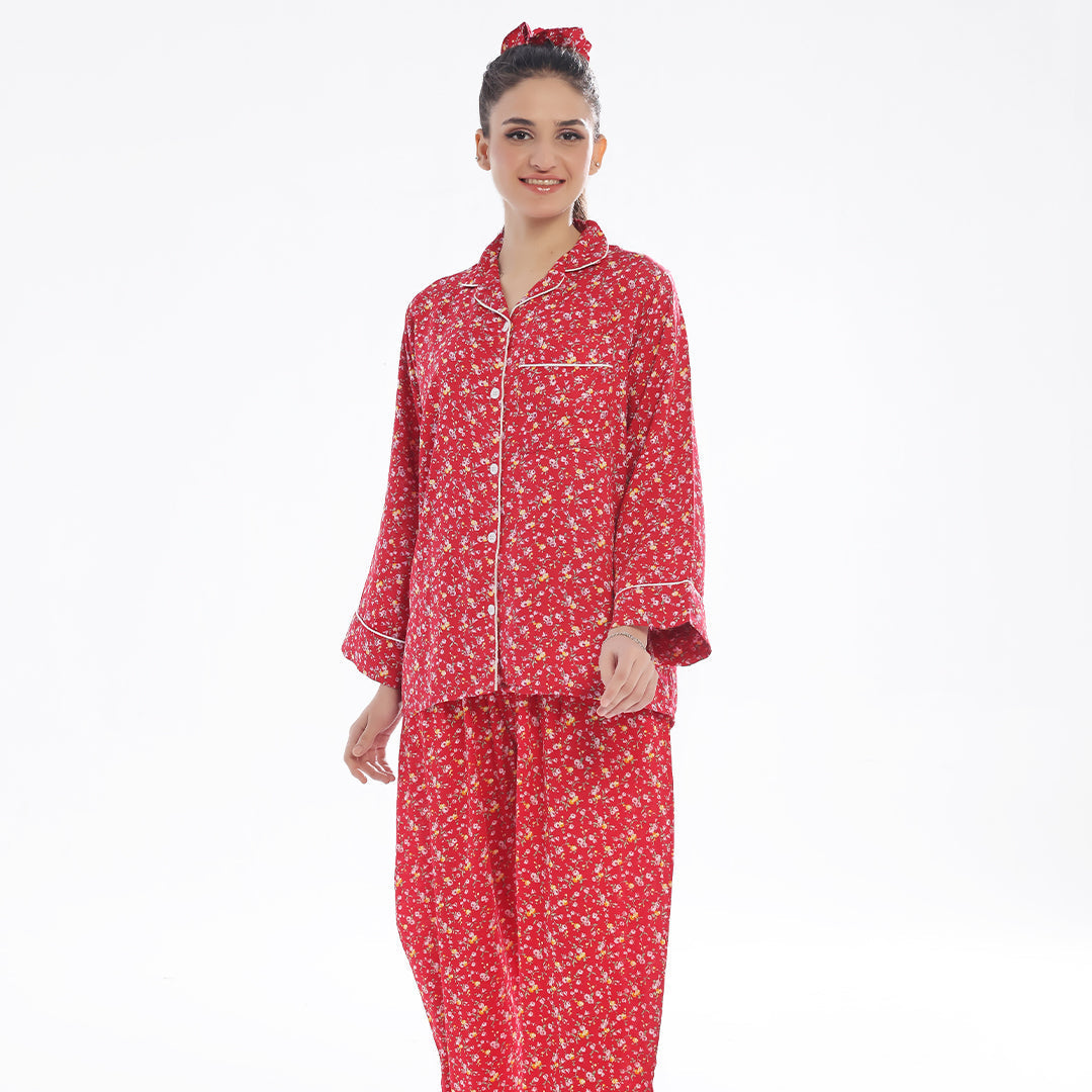 French Red Flowers Linen Pajama Suit with Scrunchie