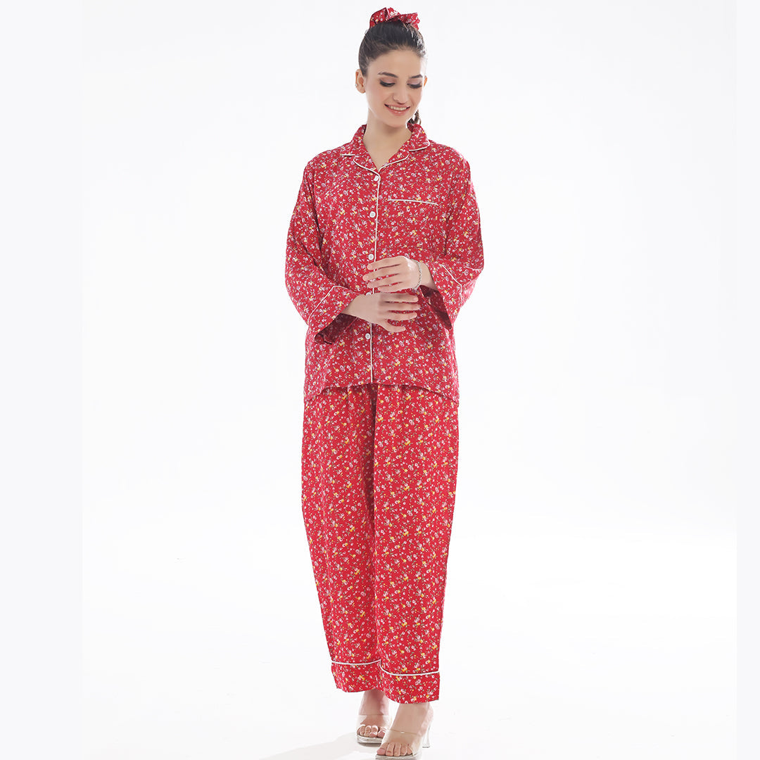 French Red Flowers Linen Pajama Suit with Scrunchie