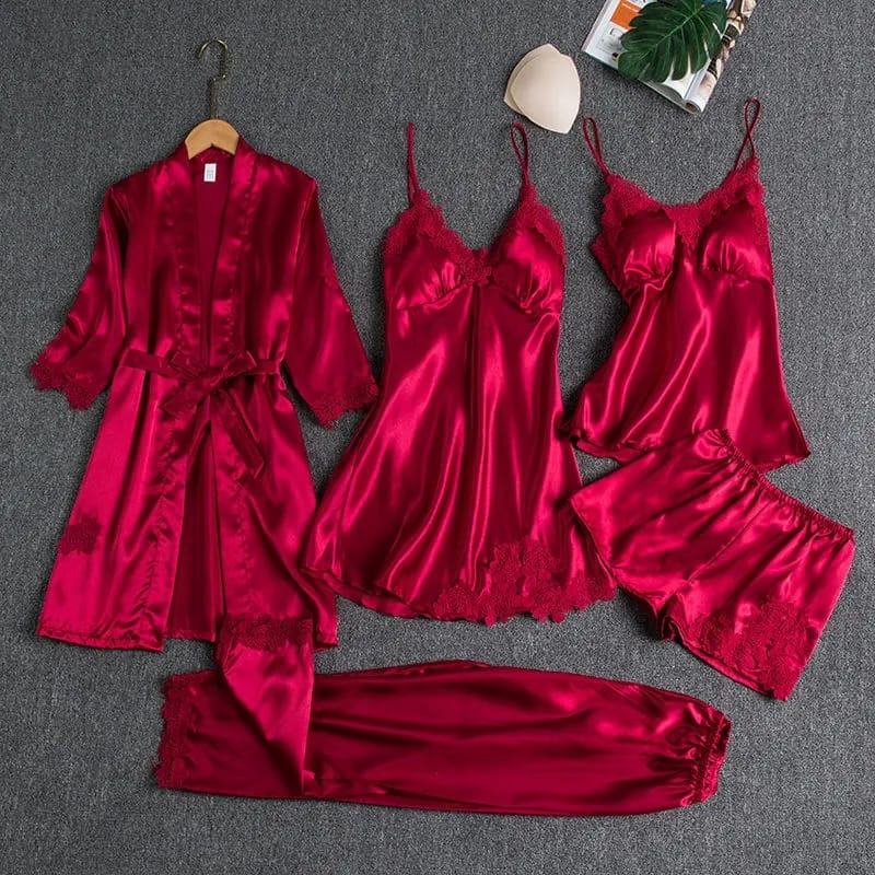Femmeease | 5pcs LONG SILK NIGHTY SET