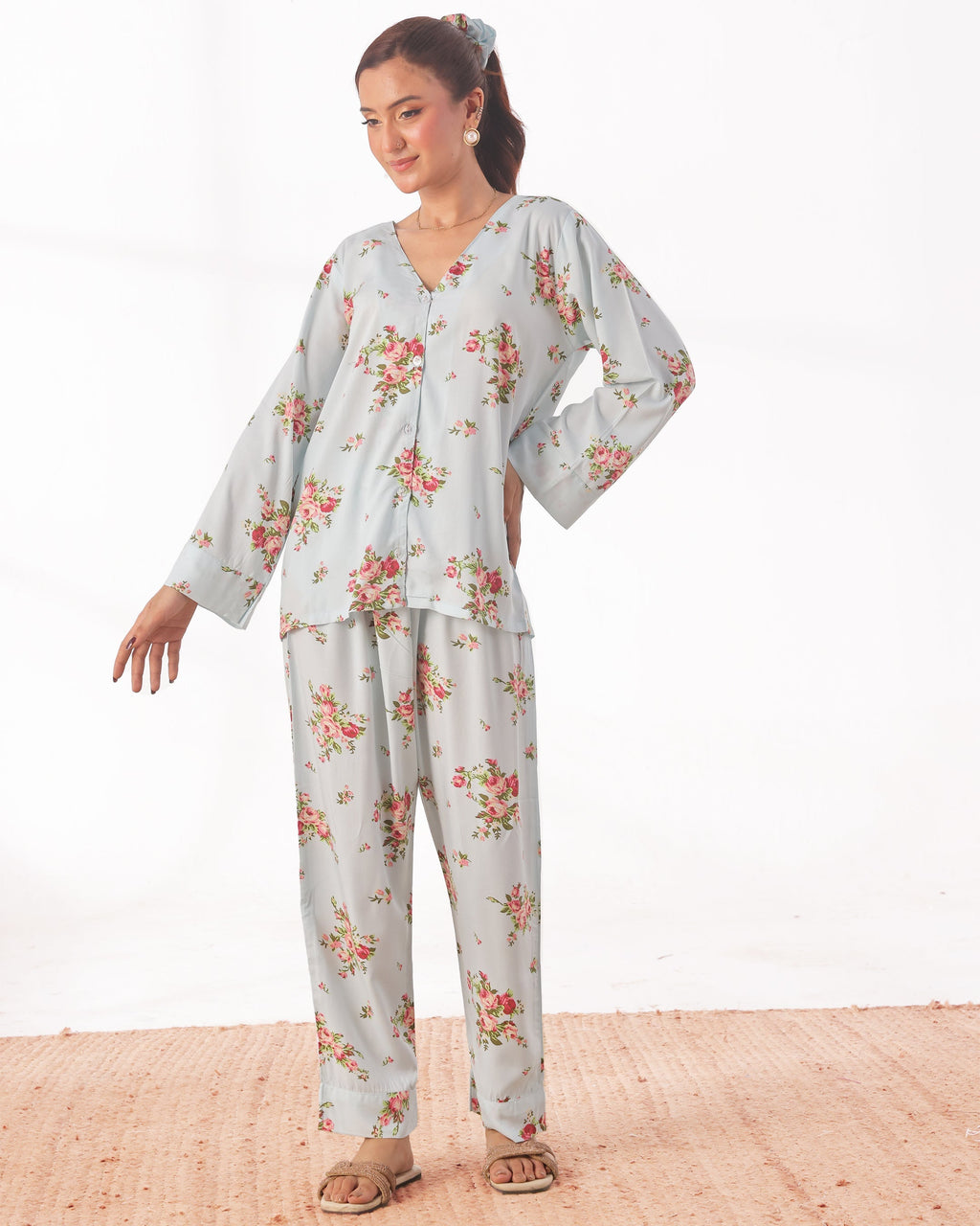 Linen Pajama Suit with Scrunchie - Rose Mist