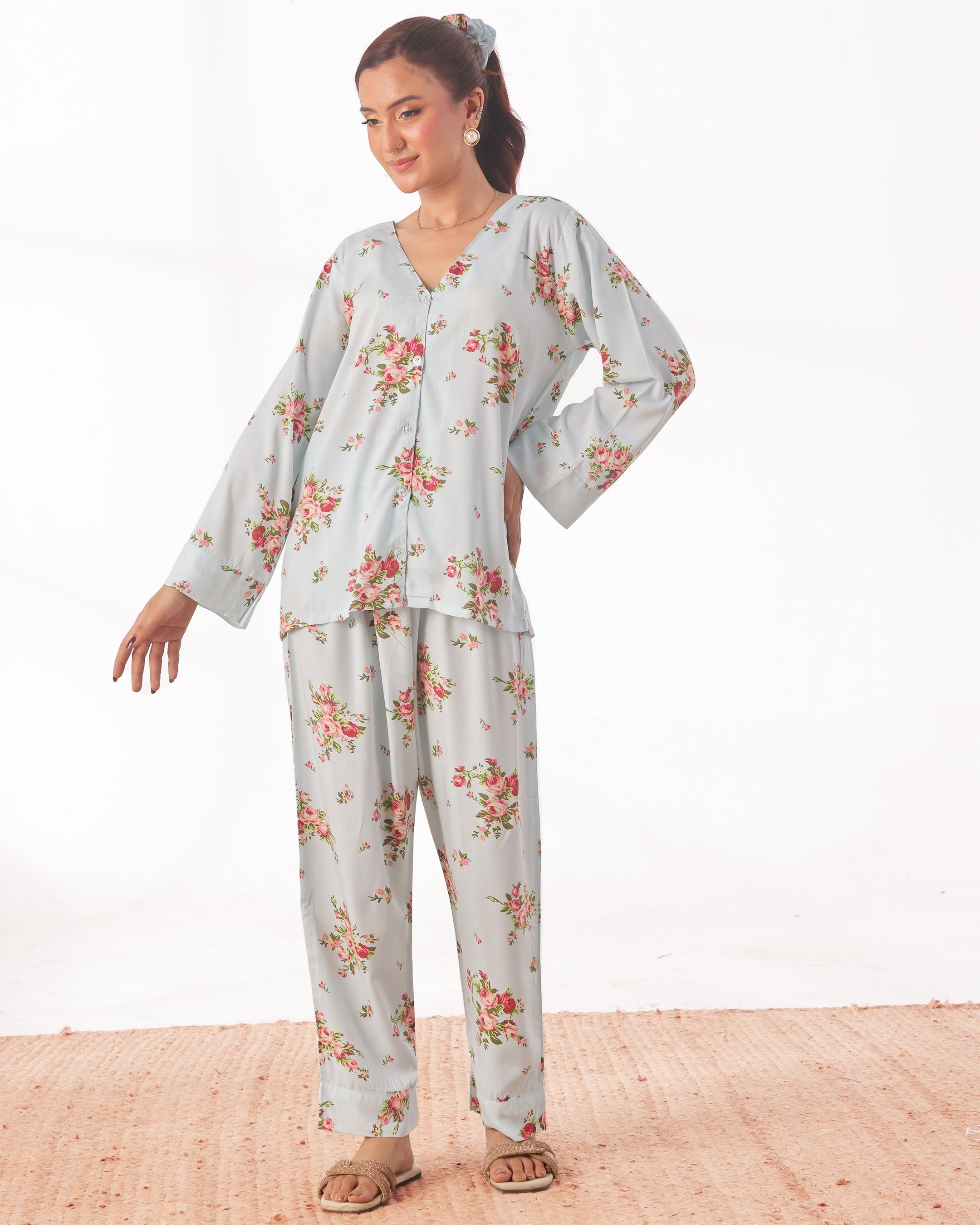 Linen Pajama Suit with Scrunchie - Rose Mist