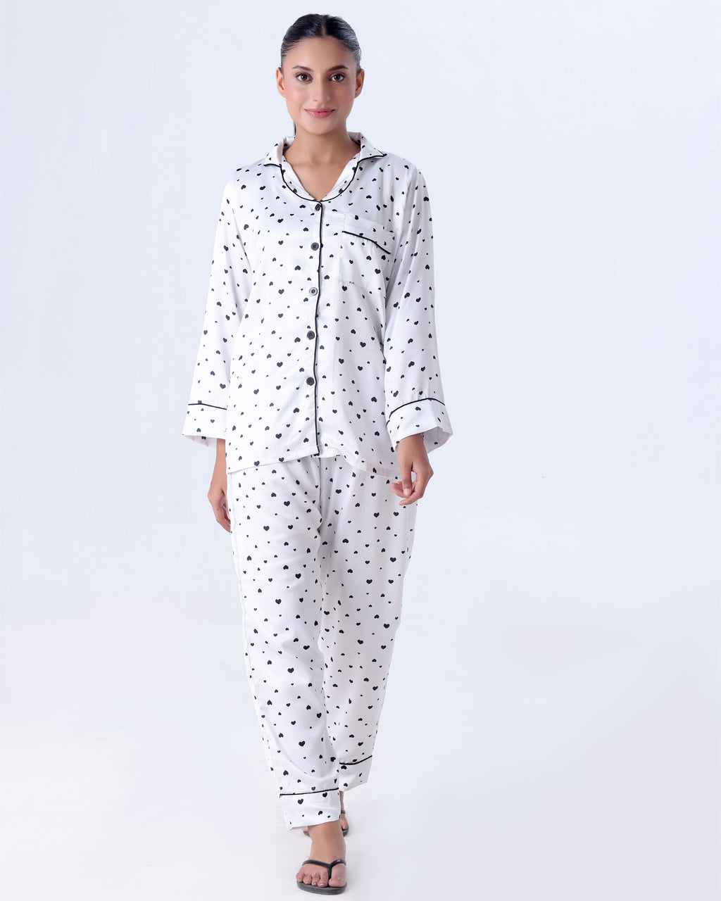 Silk Pajama Suit with Scrunchie - Black Hearts