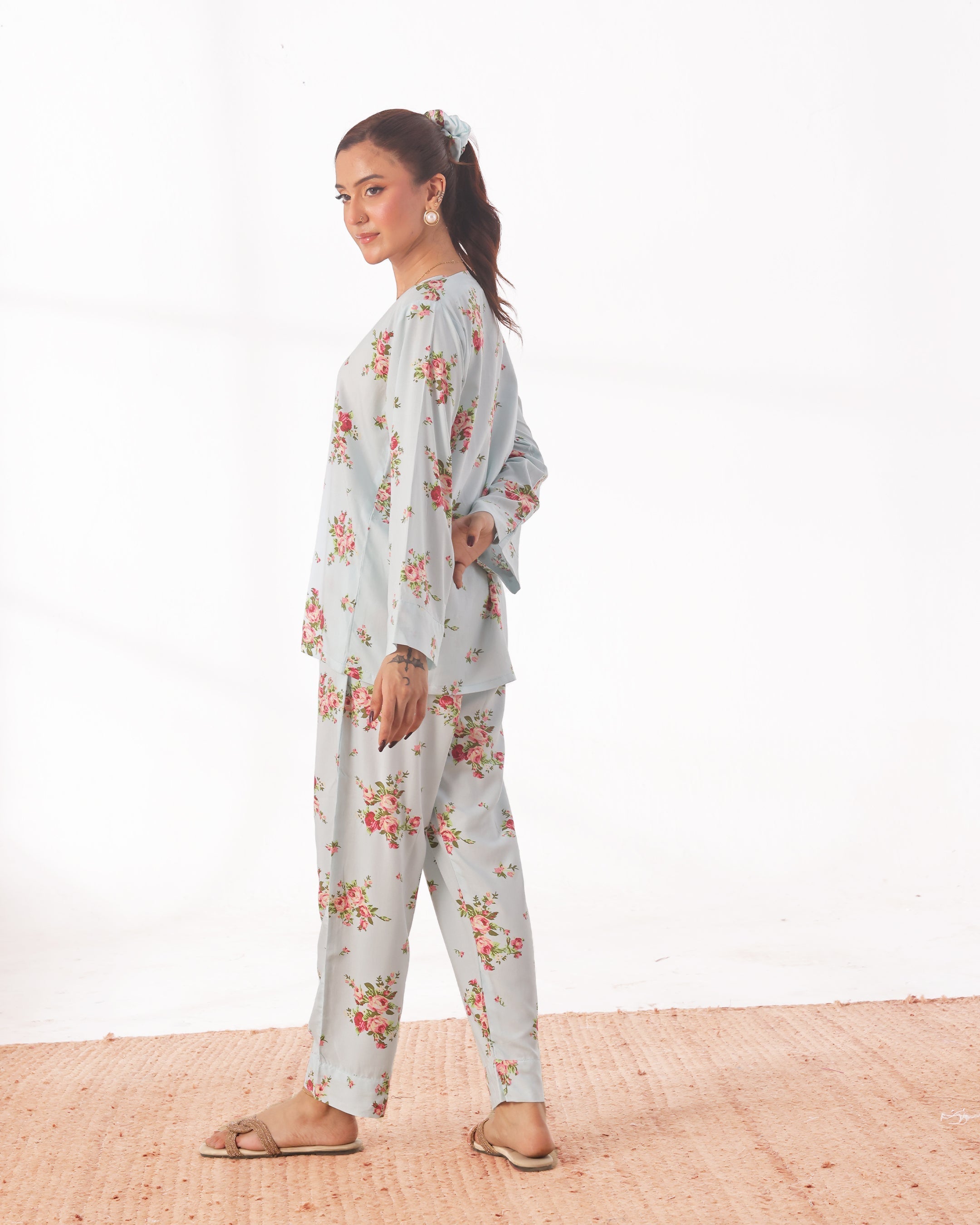 Linen Pajama Suit with Scrunchie - Rose Mist