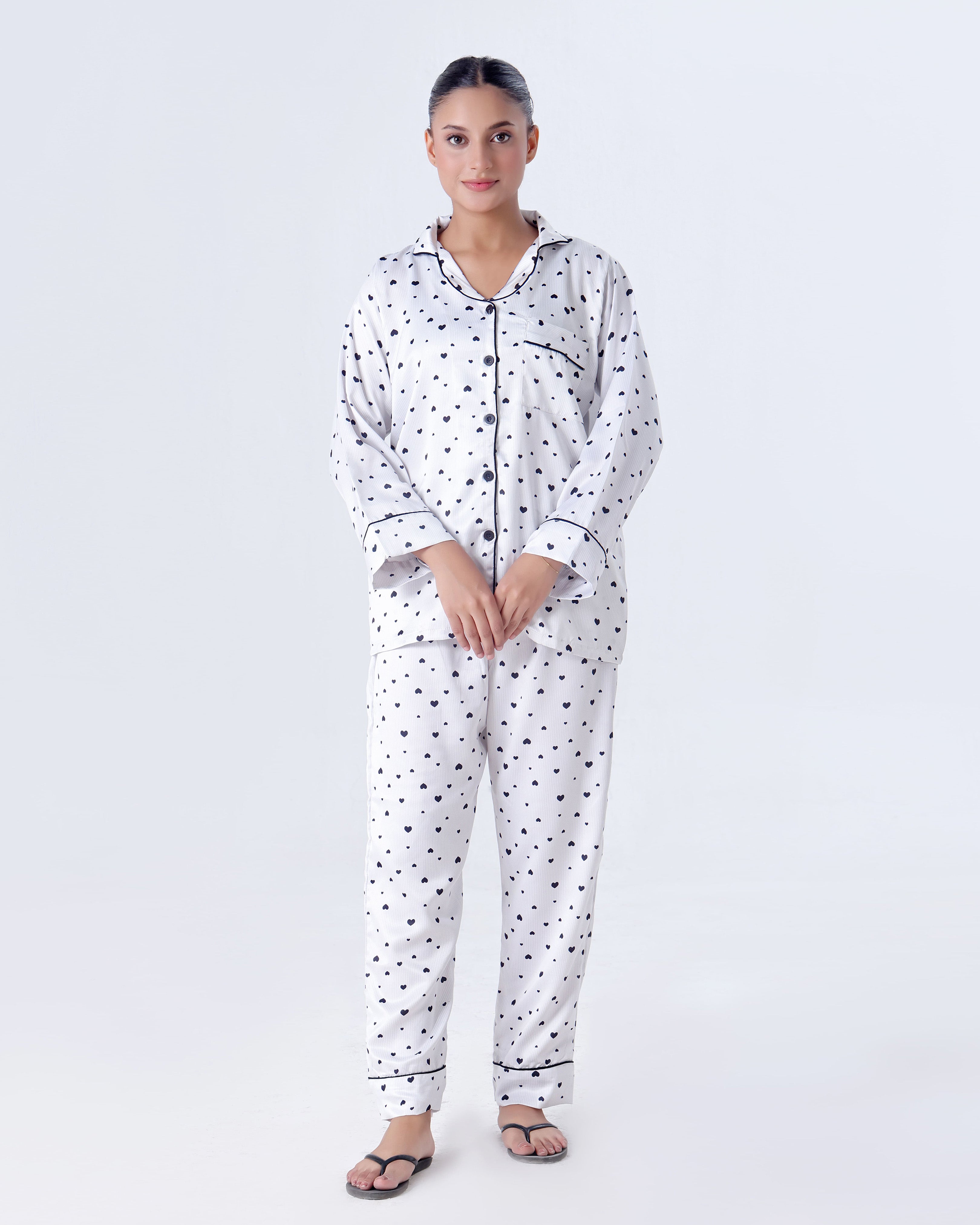 Silk Pajama Suit with Scrunchie - Black Hearts