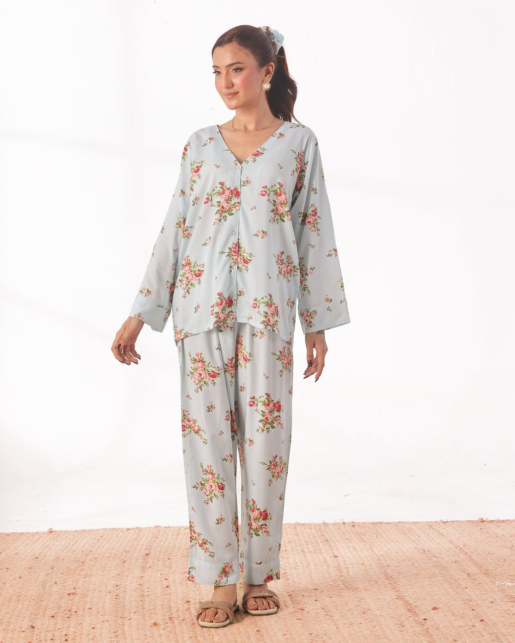 Linen Pajama Suit with Scrunchie - Rose Mist