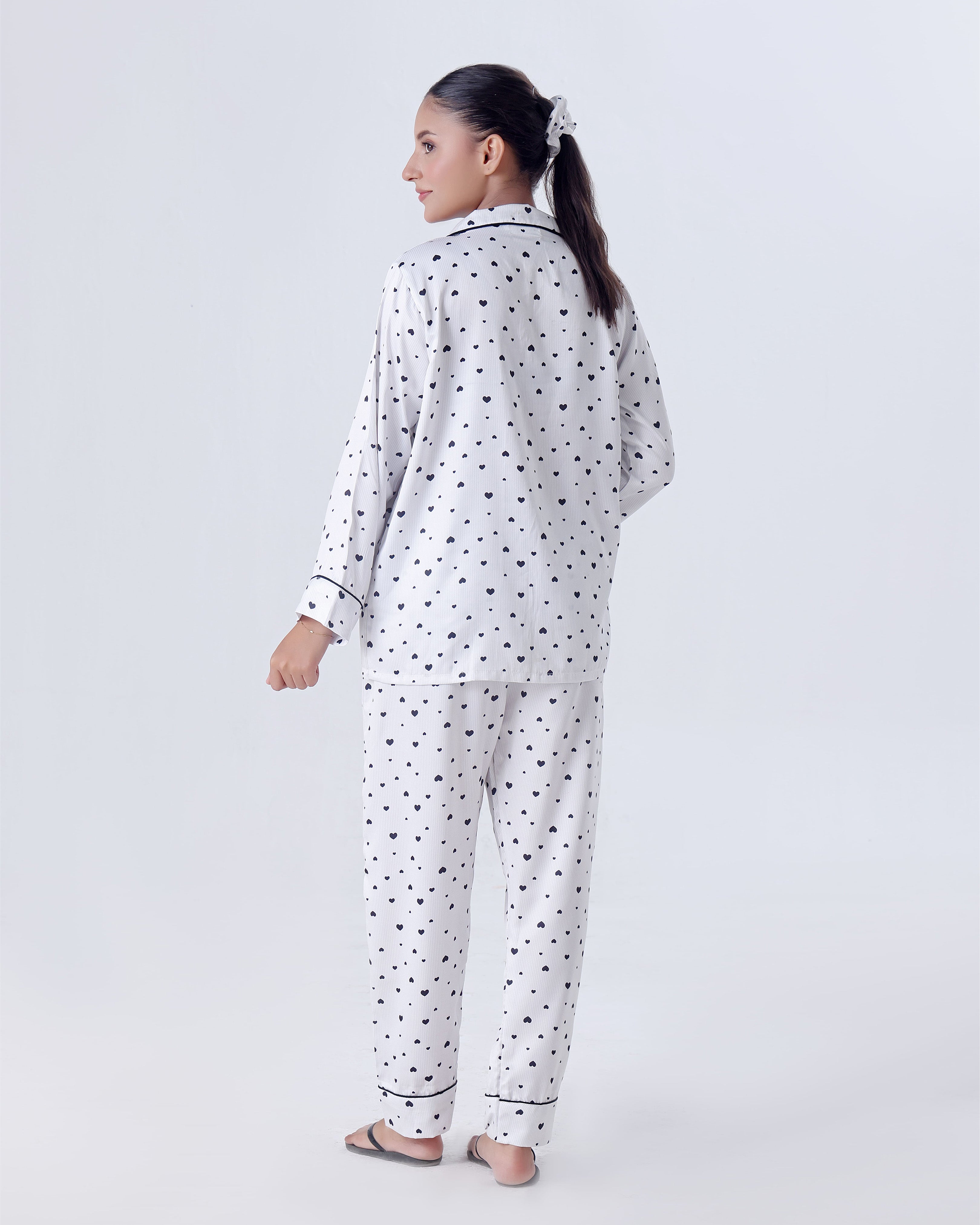 Silk Pajama Suit with Scrunchie - Black Hearts