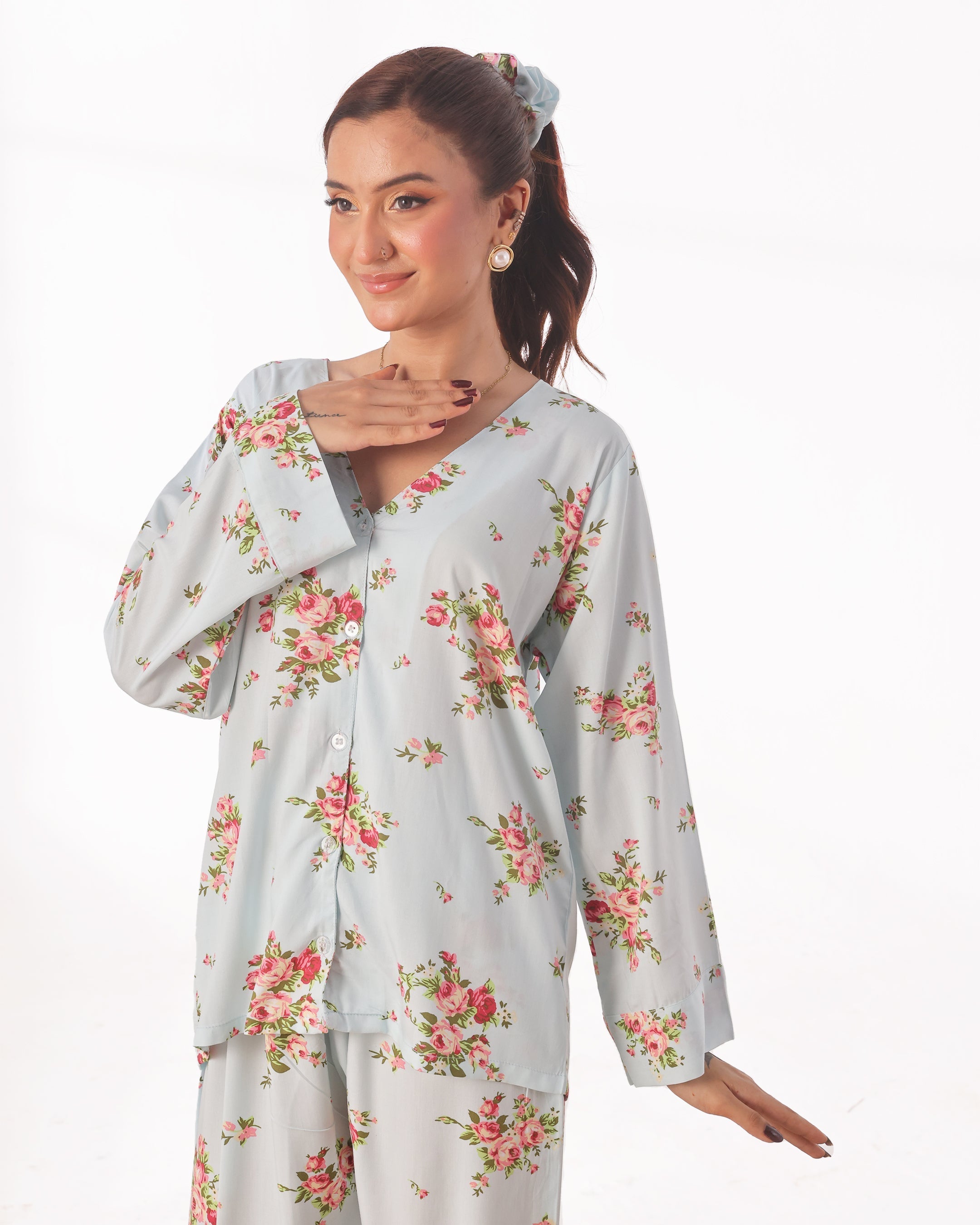 Linen Pajama Suit with Scrunchie - Rose Mist
