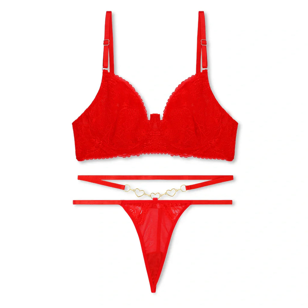 Red Embroidered Non Padded Bra and Panty Set