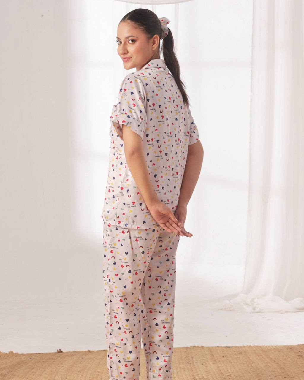 Silk Pajama Suit with Scrunchie - Rainbow Bliss