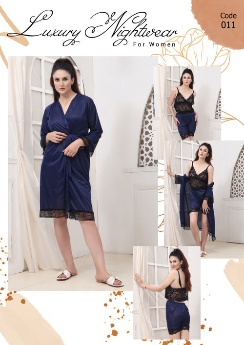 Femmeease - 3 Pcs Silk Nighty Set With Gown - 011