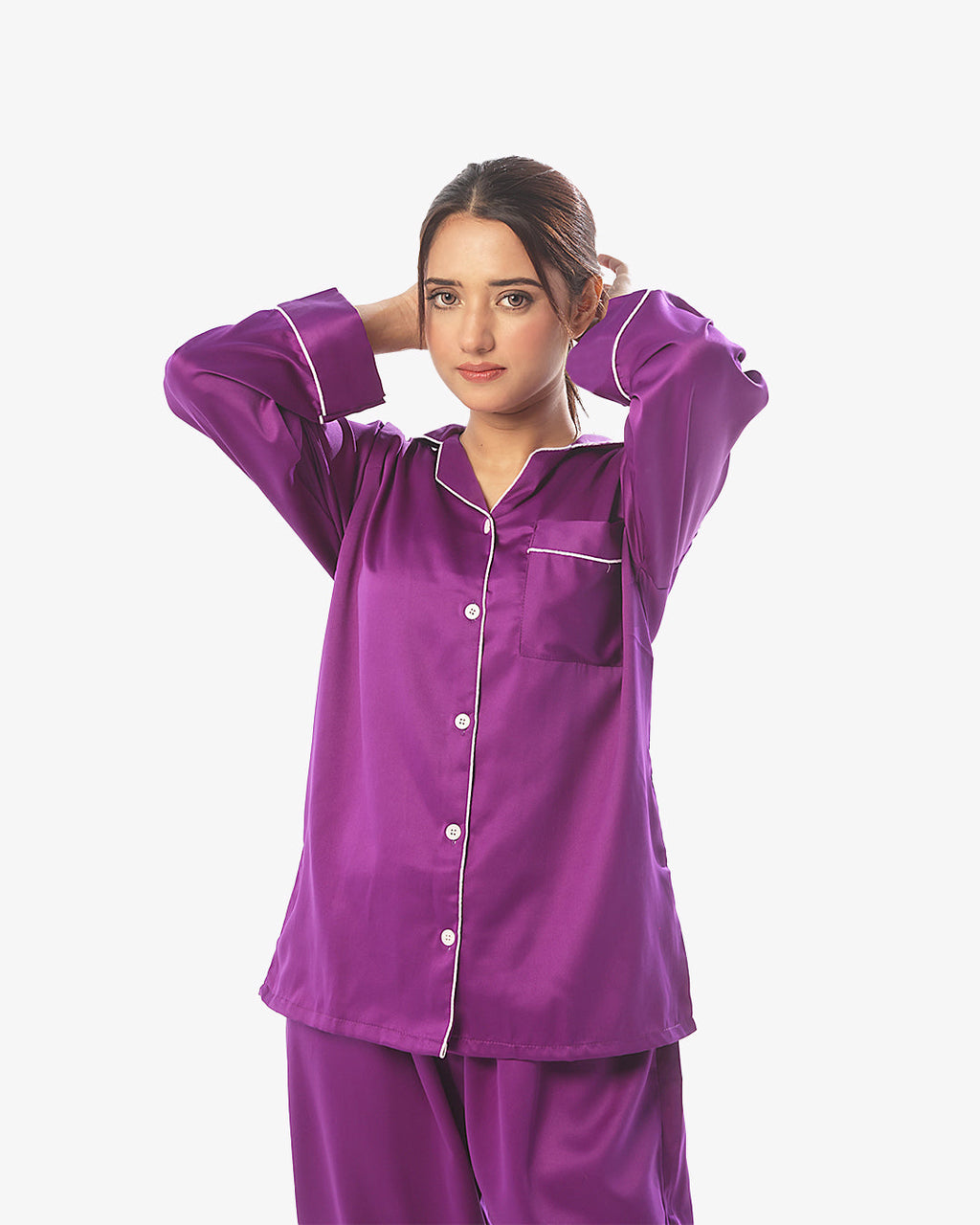 Silk Pajama Suit with Scrunchie - Pearl