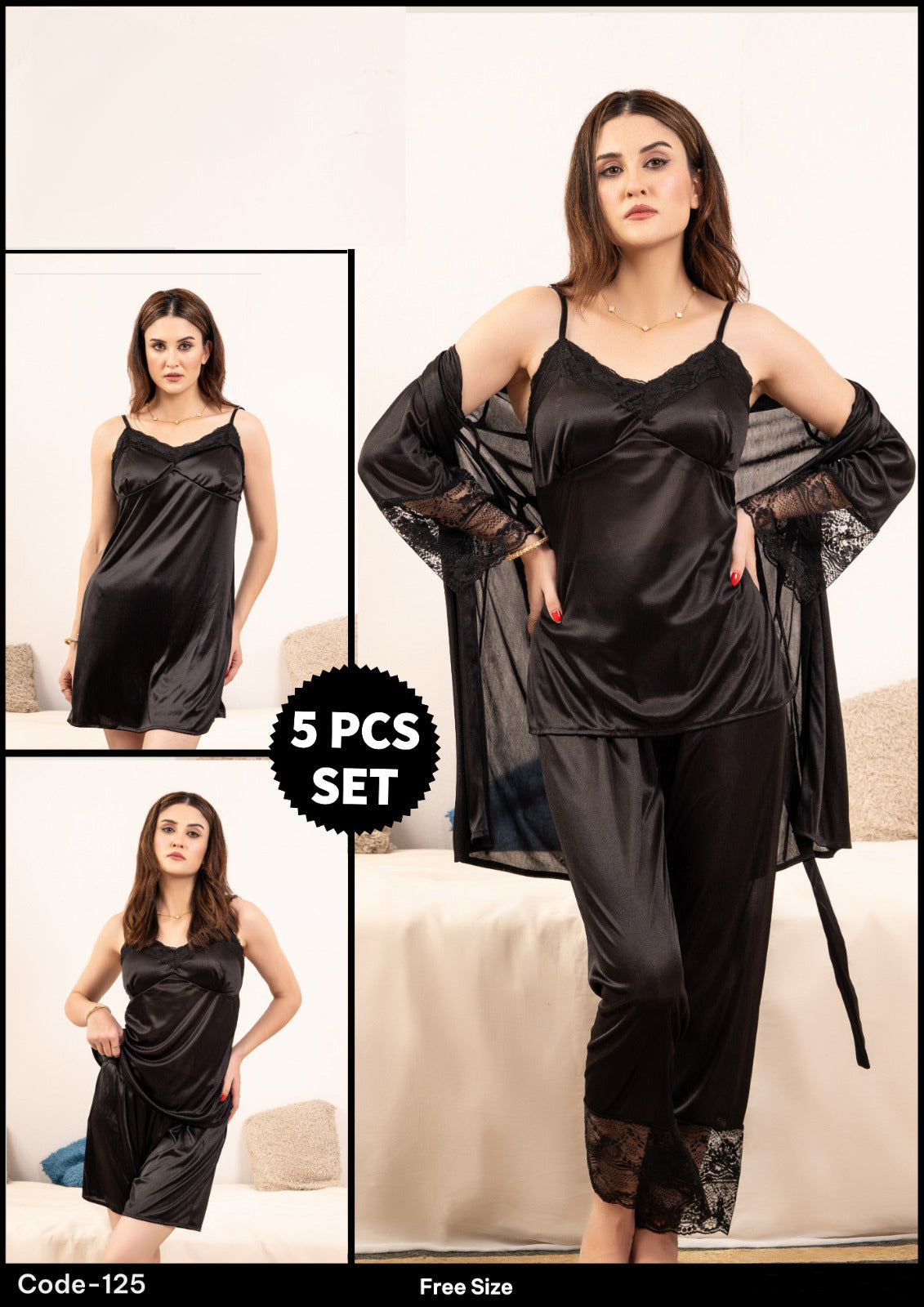 Femmeease - 5 Pcs Silk Nighty Set With Gown - 125