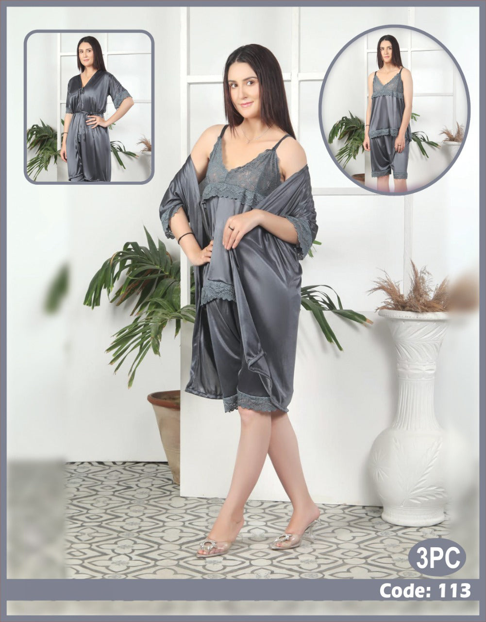 Femmeease - 3 Pcs Silk Nighty Set With Gown - 113