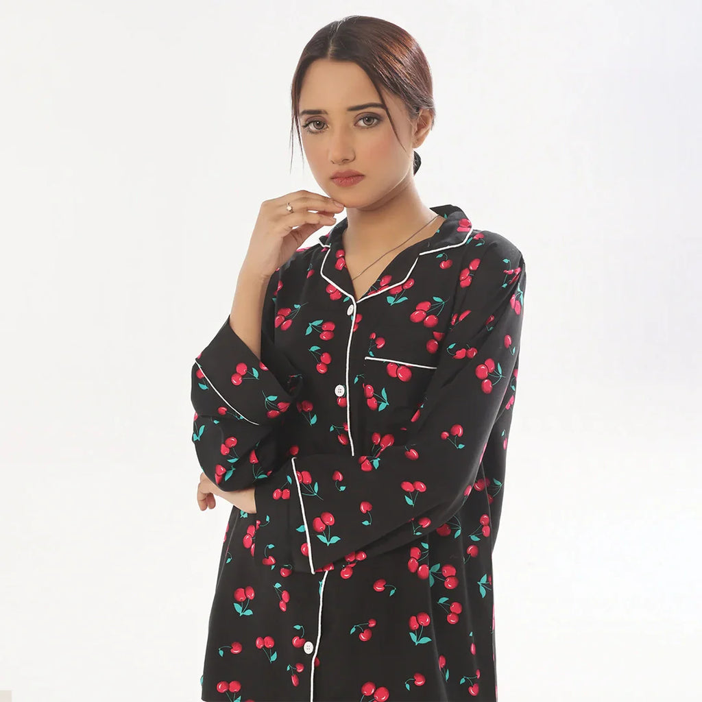 Cherry Linen Pajama Suit with Scrunchie