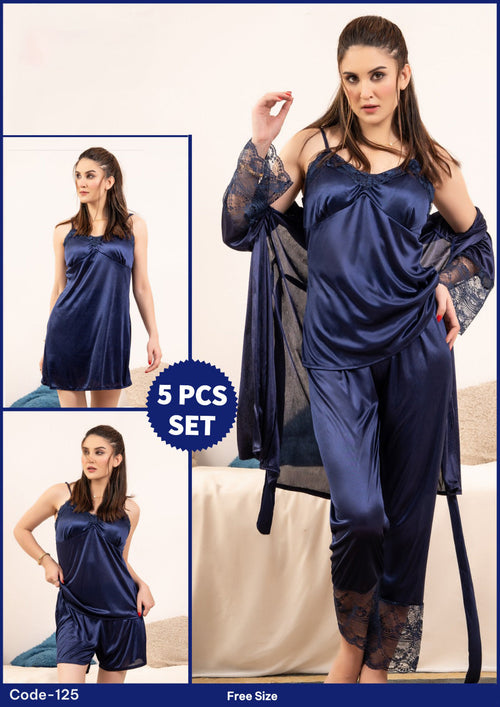 Femmeease - 5 Pcs Silk Nighty Set With Gown - 125
