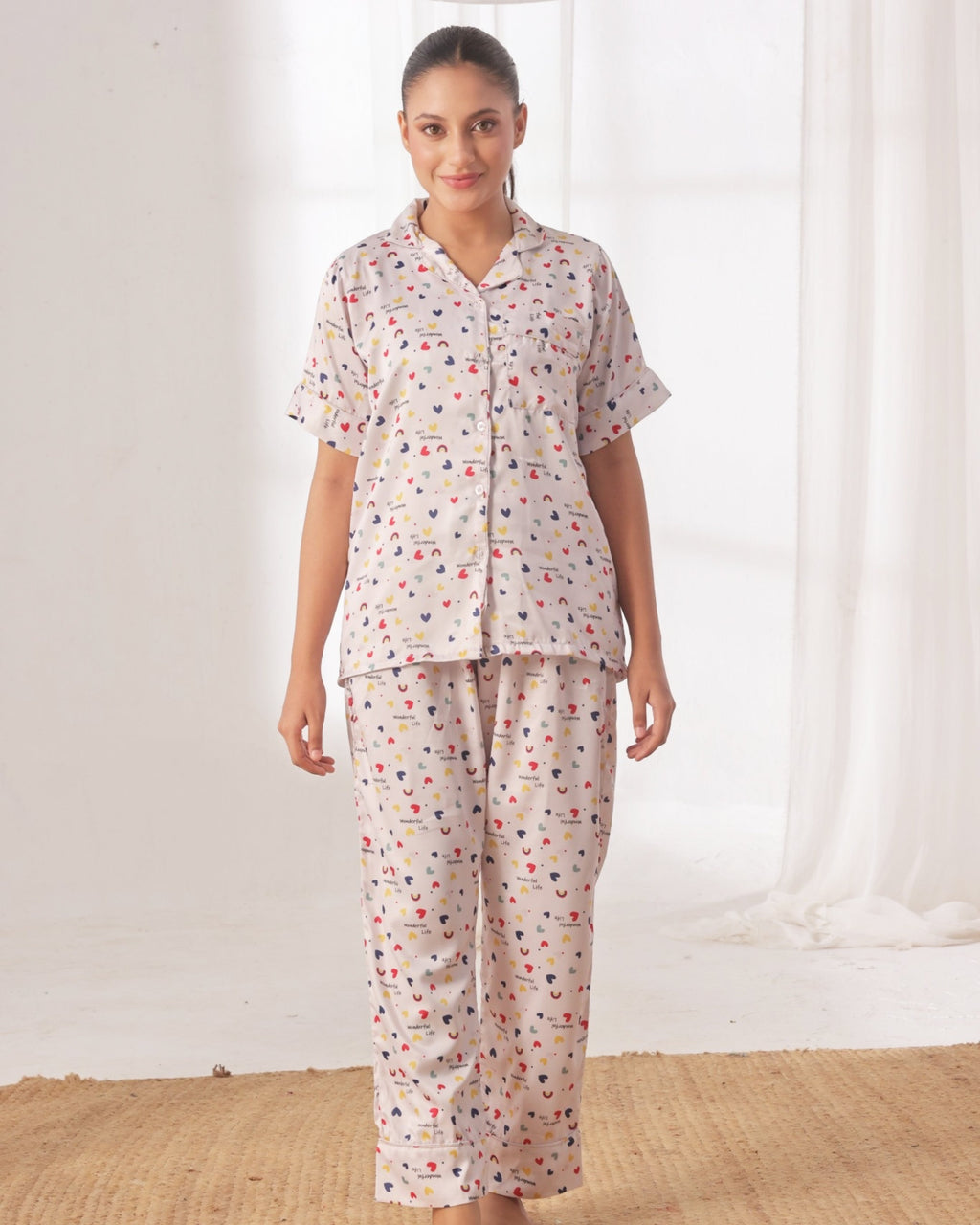Silk Pajama Suit with Scrunchie - Rainbow Bliss