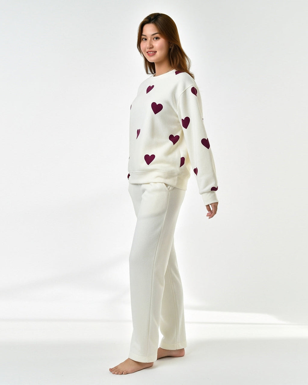 Fleece Pajama Set – Heart Cozy - Off White