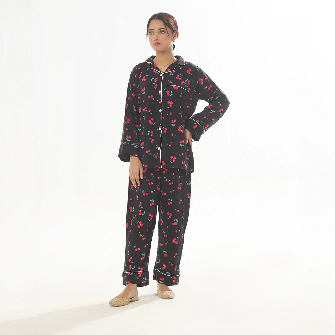 Cherry Linen Pajama Suit with Scrunchie