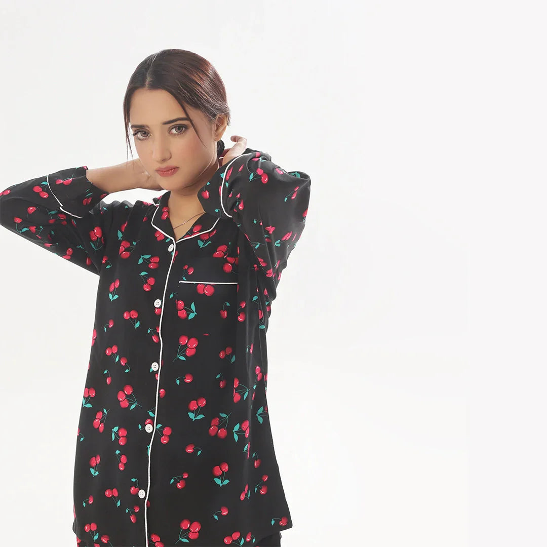 Cherry Linen Pajama Suit with Scrunchie