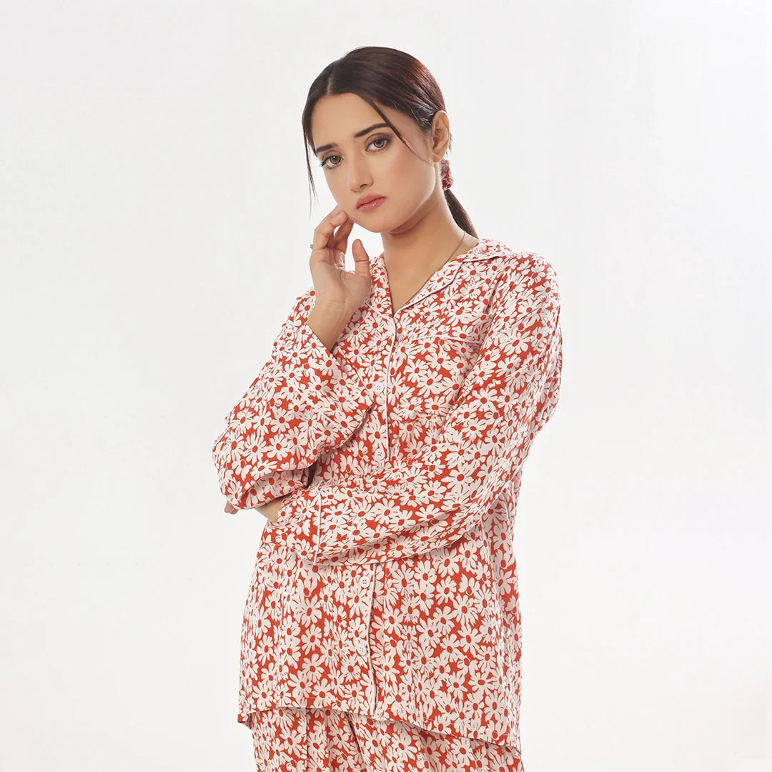 Mat Daisy Linen Pajama Suit with Scrunchie