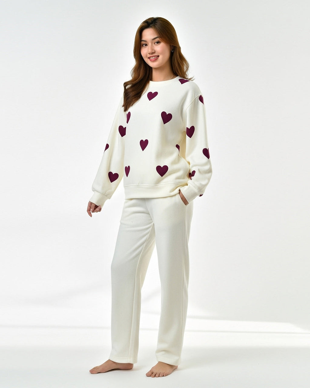 Fleece Pajama Set – Heart Cozy - Off White