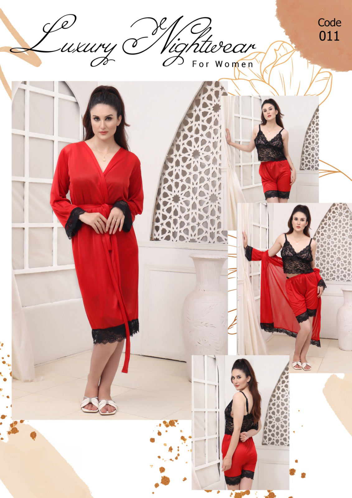 Femmeease - 3 Pcs Silk Nighty Set With Gown - 011