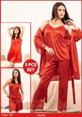 Femmeease - 5 Pcs Silk Nighty Set With Gown - 125