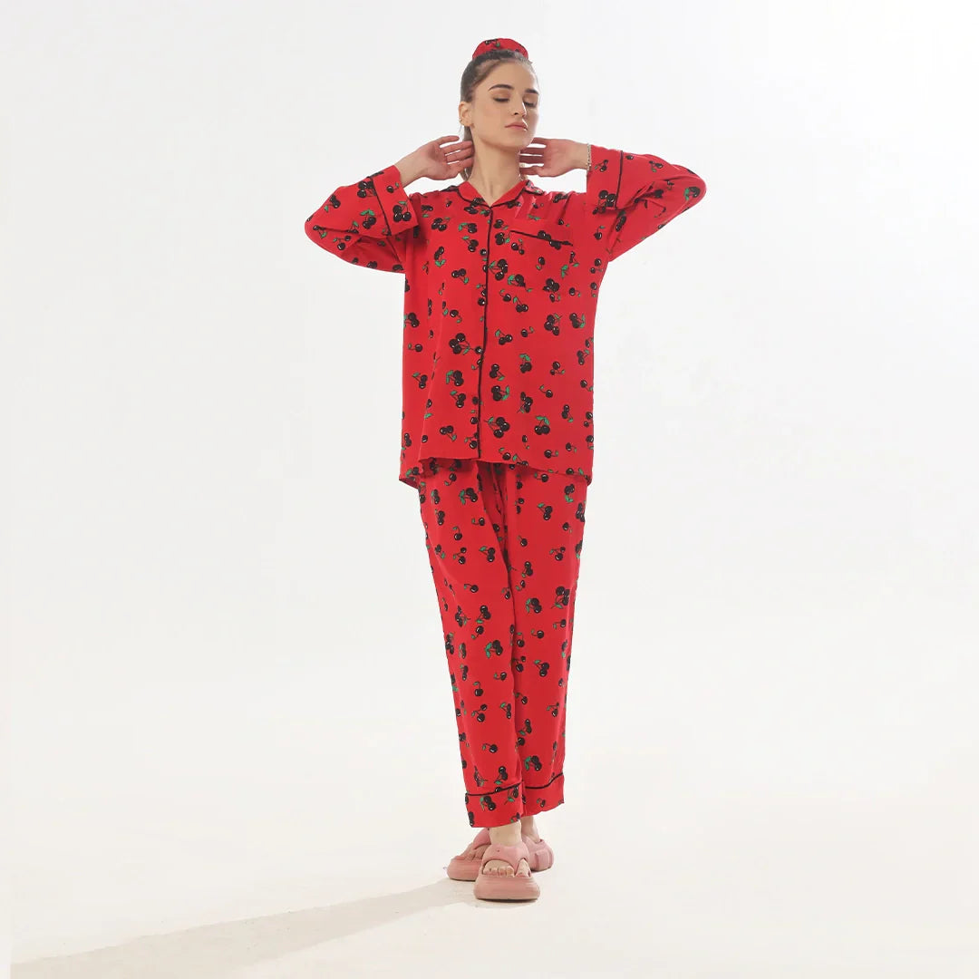 Cherry Linen Pajama Suit with Scrunchie